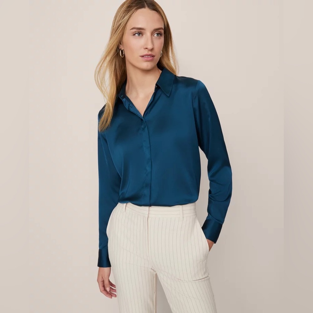 Ann Taylor Deep Teal Satin Essential Button Down Shirt